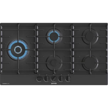 Gorenje GW951MB Beépíthető gáz főzőlap, 5 égős, Öntöttvas edénytartók, Elektromos szikragyújtás, WOK égő, Méretek 90x13x52cm, Mechanikus (Forgatógombok) Fekete