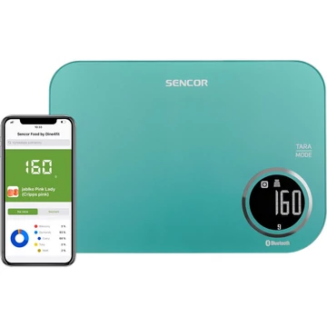 Sencor SKS 7071GR Smart konyhai mérleg, LCD kijelző, Sencor FOOD alkalmazás, Dine4Fit adatbázis, Android vagy iOS, Bluetooth, 5 kg/1 g, tömeg mérés, tejtérfogat/víztérfogat mérés, Türkiz