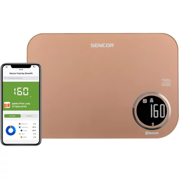Sencor SKS 7076GD Smart konyhai mérleg, LCD kijelző, Sencor FOOD alkalmazás, Dine4Fit adatbázis, Android vagy iOS, Bluetooth, 5 kg/1 g, tömeg mérés, tejtérfogat/víztérfogat mérés, Arany