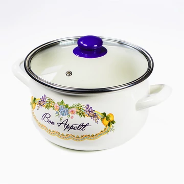 TOO 467134 Belly Bon Appetit 6,2 literes, 24 cm átmérő, 15 cm magasságú Zománcozott lábas (fazék) üveg fedővel, Fehér, mintás