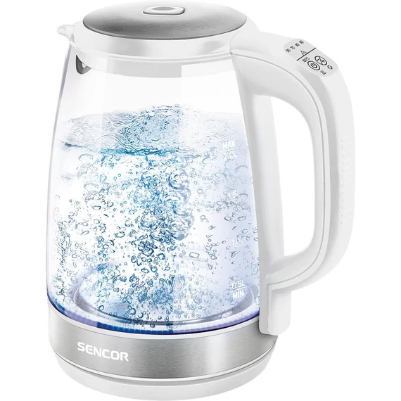 Sencor SWK 2190WH Üveg Vízforraló, 2 L , 2200 W, 360°-os STRIX középcsatlakozó, Hőmérséklettő függő belső LED világítás, Fehér