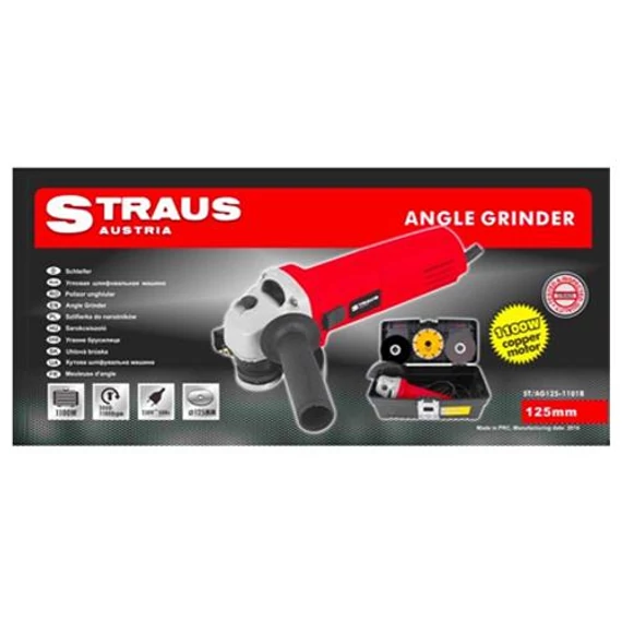 STRAUS ST/AG125-1101B Sarokcsiszoló Szerszámdobozban 125mm 1100W + 3 Vágókorongok 