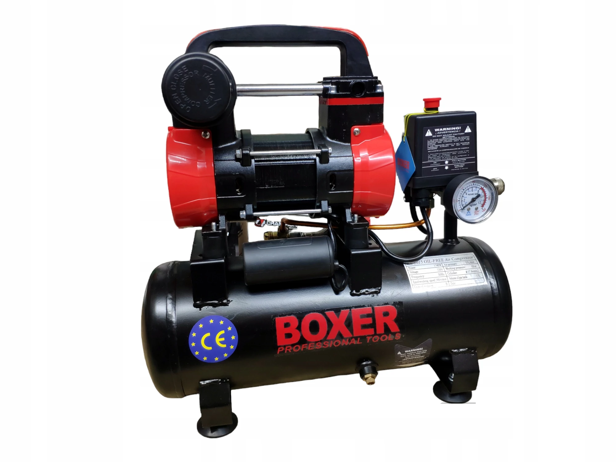 Boxer BX-1015 Olajmentes kompresszor 15 L, 8 bar, 1,74 kW, 2.4 LE, 55 L/perc, 2800 rpm, 2 dugattyús