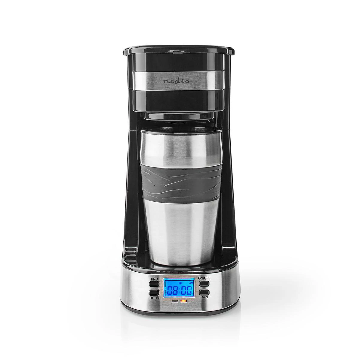 Nedis KACM310FBK Egyadagos Kávéfőző, 750W, 0.4 Literes, 1 csészés, Időzítő, Utazóbögre, Ezüst/Fekete