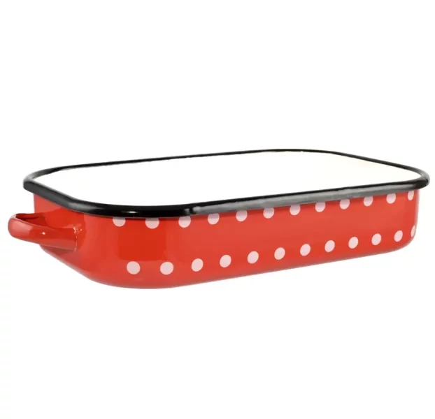 Perfect Home Zománcozott tepsi füllel 37X25 cm, Piros és Fehér pöttyös