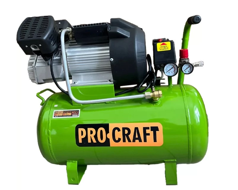 Procraft AC52-2 Egyhengeres, léghűtéses, dugattyús, olajkenésű kompresszor, olajszint ellenőrzővel, 2200 W, 2850 fordulat/perc, 50 L ürtartalom, Max. nyomás 8 bar, Teljesítmény 356 L/perc