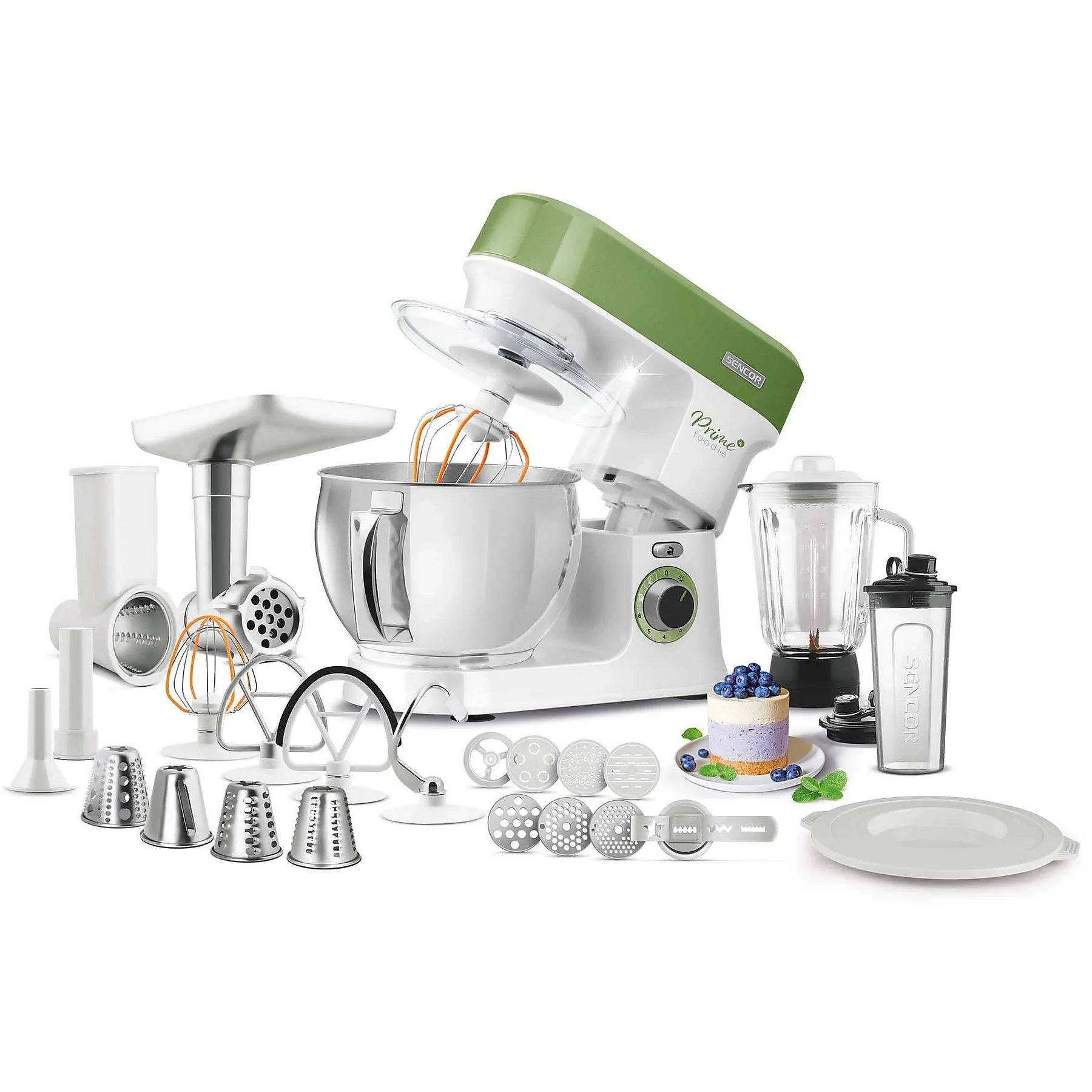 Sencor STM 3780GG Konyhai robotgép, 1200W, 5 l rozsdamentes edény, 1,5 l üvegedény, 0.6 l-es smoothie edény, 6 fokozat, Zöld-Fehér