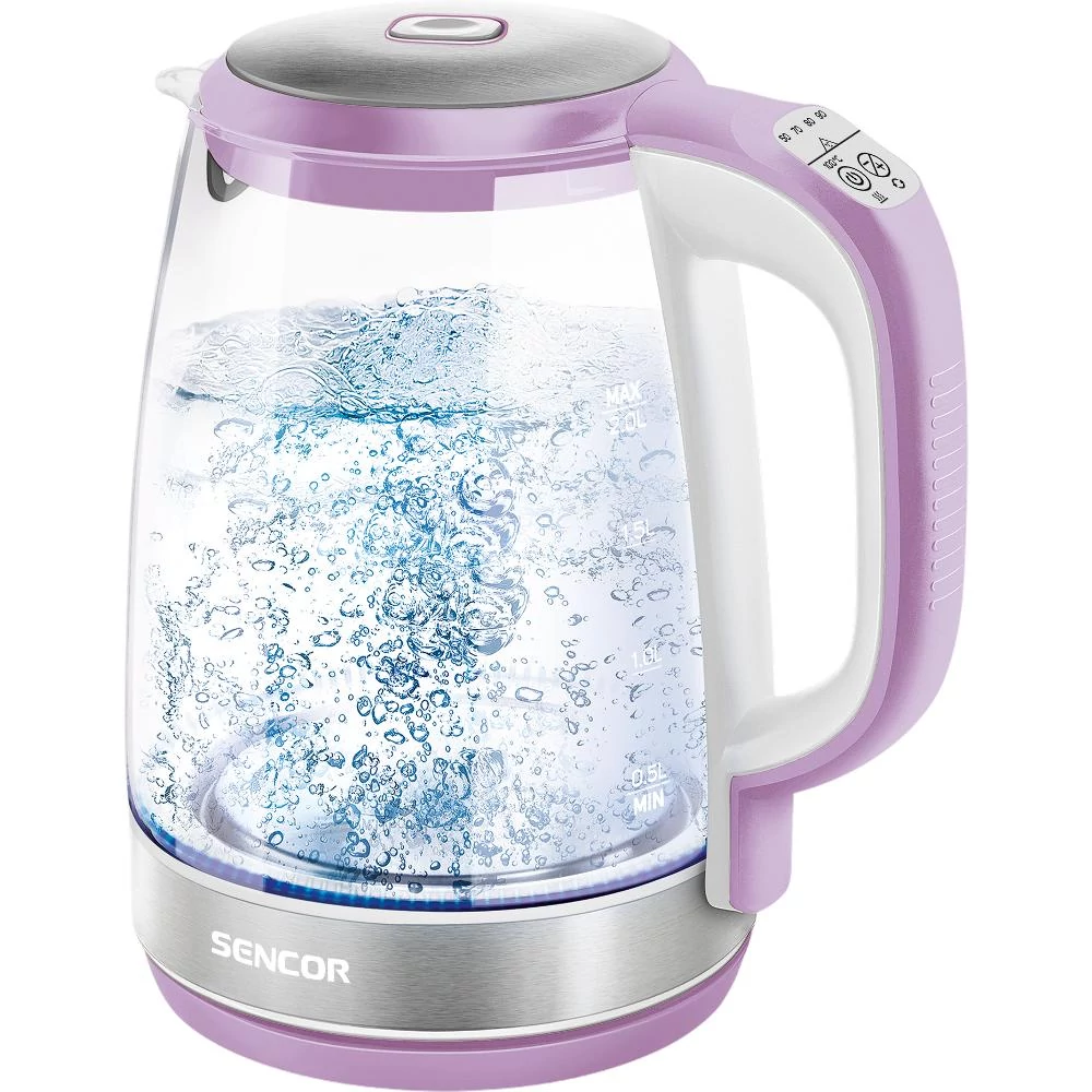 Sencor SWK 2195VT Üveg Vízforraló, 2 L , 2200 W, 360°-os STRIX középcsatlakozó, Hőmérséklettő függő belső LED világítás, Lila