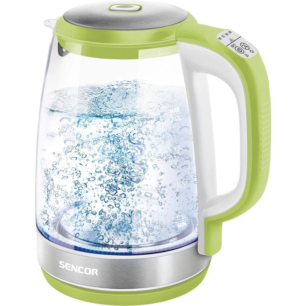 Sencor SWK 2197GG Üveg Vízforraló, 2 L , 2200 W, 360°-os STRIX középcsatlakozó, Hőmérséklettő függő belső LED világítás, Sötétzöld