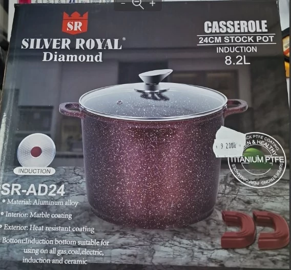 Silver Royal SR-AD24 Márvány bevonatú fazék, 24 cm átmérő, 8.2 Liter ürtartalom, Üveg hőálló tető, Bordó