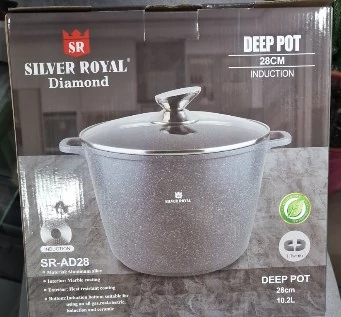 Silver Royal SR-AD28 Márvány bevonatú fazék, 28 cm átmérő, 10 Liter ürtartalom, Üveg hőálló tető, Szürke