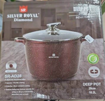 Silver Royal SR-AD28 Márvány bevonatú fazék, 28 cm átmérő, 10 Liter ürtartalom, Üveg hőálló tető, Bordó