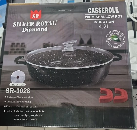 Silver Royal SR-3028 Márvány bevonatú lapos lábas, 28 cm átmérő, 4.2 Liter ürtartalom, Üveg hőálló tető, Fekete